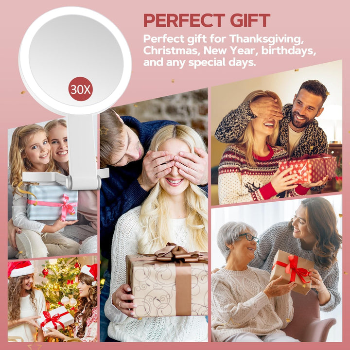 Lighted Makeup Mirror, 30X Magnifying Mirror with Light and Adjustable Brightness, Hanging and Handheld Mirror with Handle, Portable Travel Makeup Mirror with Lights, Vanity Mirrors for Women