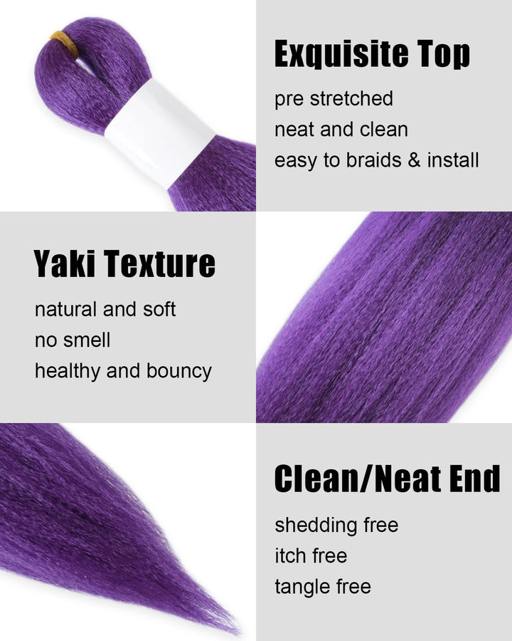 Purple Braiding Hair 20 Inch Pre Stretched Hair Long Straight Crochet Braids Yaki Texture Synthetic Fiber 4 Packs (Dark Purple)