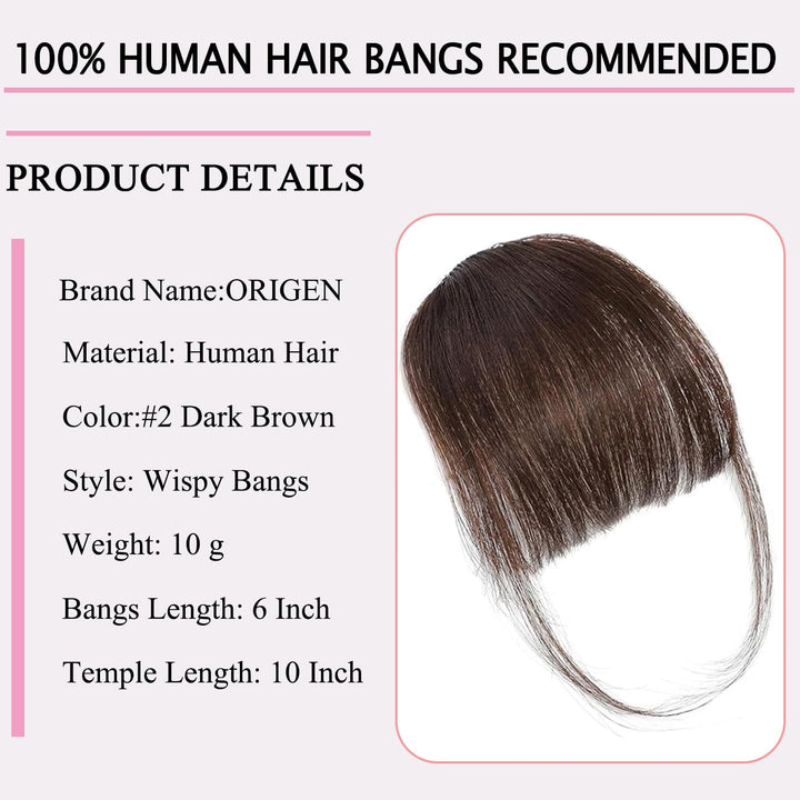 Clip in Bangs Real Human Hair Clip on Wispy Bangs Fringe with Temples Hairpieces Fake Front Bangs Extensions for Women Dark Brown Color
