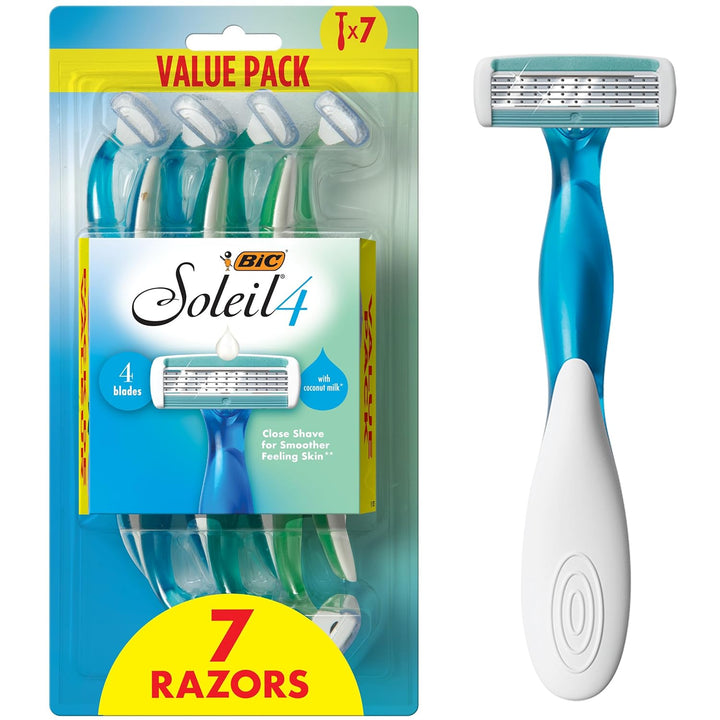 Soleil 4 Women'S Disposable 4 Blade Razors, Flexible Blades and Rubber Grip Handle, 7-Pack