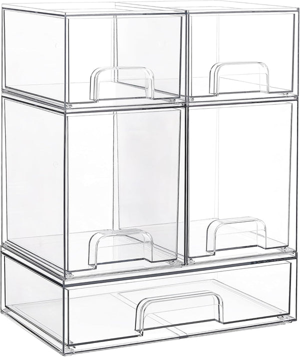 Stackable Storage Drawers Set of 5, Clear Plastic Organizer Bins for Beauty Supplies,Ideal for Vanity, Bathroom,Cabinet,Pantry Organization
