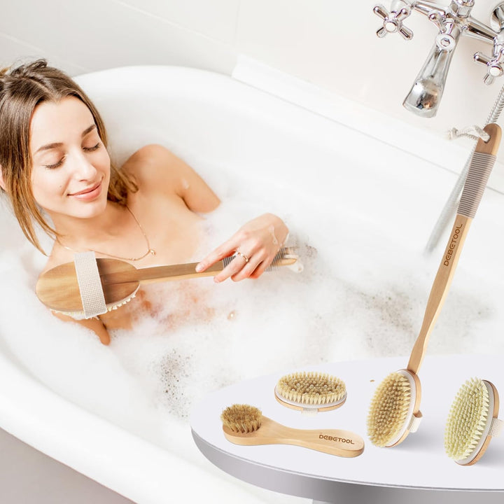 Dry Brushing Set - Natural Boar Bristle Body & Face Brush, Wooden Long Handle Scrub Brush for Cellulite & Lymphatic Drainage, Detachable, 3 Brush Heads