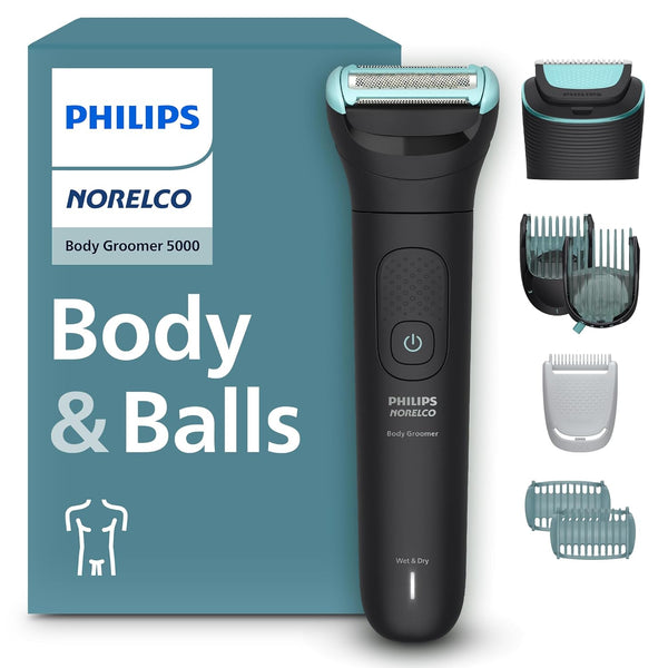 Body Groomer 5000 Series, Intimate Hair Trimmer & Shaver for Men with Dual 100% Showerproof Full Body Shave & Trim Heads and Two Bi-Directional Body Hair Combs, BG5495/50