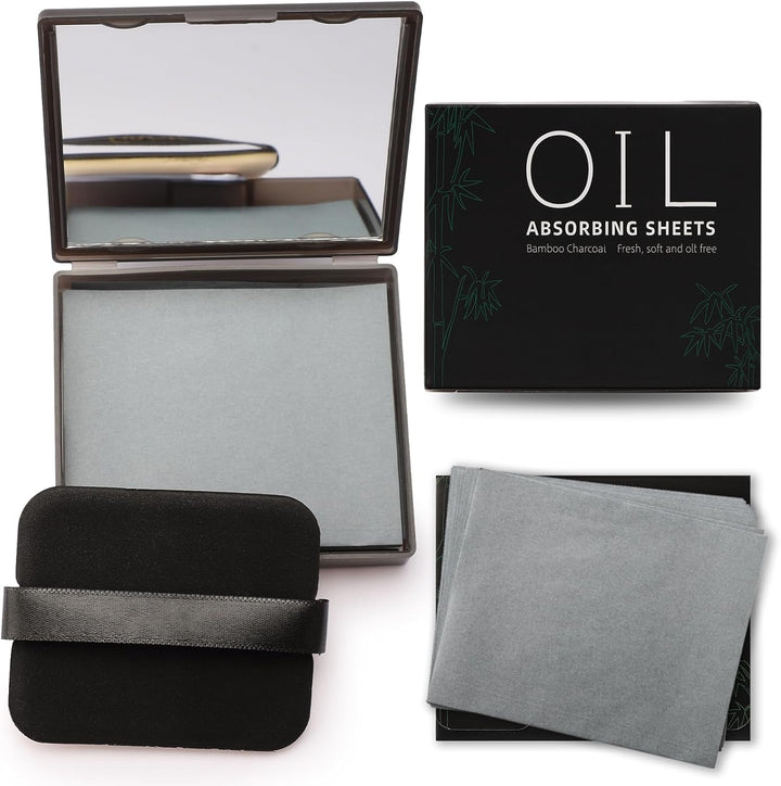 Oil Blotting Sheets for Face with Mirror and Puff, 300 Sheets Oil Blotting Paper for Oily Skin, Face Oil Absorbing Sheet, Natural Oil Control Film, Absorb Excess Oil, Makeup Friendly