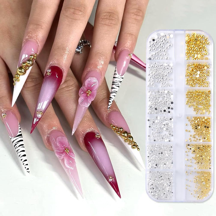 3D Mixed Sizes Nail Art Studs Gold Silver Mini Metal Caviar Nails Beads Ball Nail Rivets Jewelry for Women Girls Manicure Nails Supplies DIY Crafts Decorations