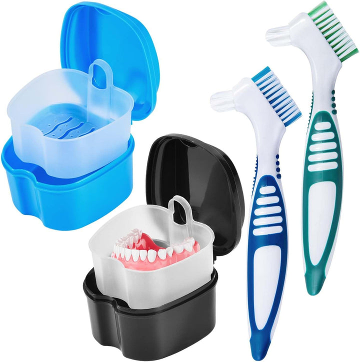 2 Pack Denture Bath Case Cup Box Holder Storage Container with Denture Cleaner Brush Strainer Basket for Travel Cleaning (Light Blue and Blue)