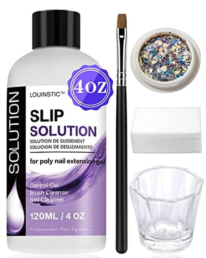 Poly Nail Gel Slip Solution - 4Oz Slip Solution for Poly Nail Extension Gel, Anti-Stick Slip Solution for Nails, Brush Clean Liquid, Easy to Use, Beginners, Home Salon