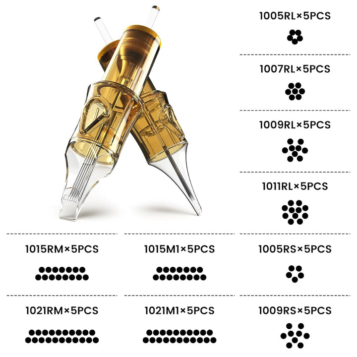 50Pcs Assorted Tattoo Needles #10 5Pcs Each of 5RL, 7RL, 9RL, 11RL, 5RS, 9RS, 15RM, 21RM, 15M1, 21M1 Mixed Size Disposable Tattoo Cartridge Needle Pro Sterilization and Safety for Tattoo Pen