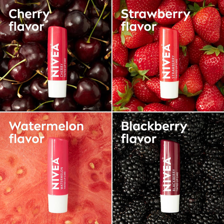 Lip Care, Fruity Tinted Lip Balm Variety Pack, Cherry, Strawberry, Blackberry and Watermelon Flavors, 3-In-1 Moisture, Repair and Color, 0.17 Oz Stick, Pack of 4