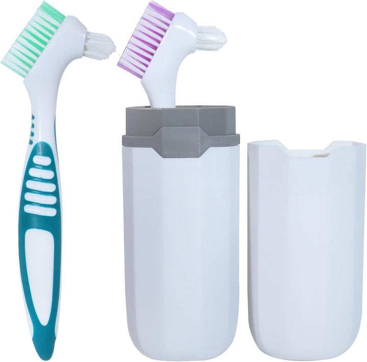 2Pcs Denture Brush False Teeth Toothbrush with 1 White Carrying Case, Effective Denture Cleaning Brush with Multi-Layered Soft Bristles,Green and Purple