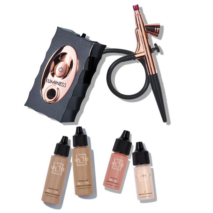 Air Icon Makeup Airbrush System and 4-Piece Foundation Starter Kit, Medium Coverage - Quick, Easy & Long Lasting Application - Includes Silk 4-In-1 Foundation, Highlighter & Blush