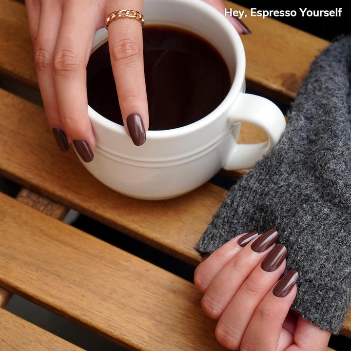 Semi Cured Gel Nail Strips | No LED Lamp Needed | Fall, Solid, Brown | Easy Apply & Remove, Salon Quality | Includes 28 Strips, 1 Prep Pads, Nail File & Wooden Stick - Hey, Espresso Yourself