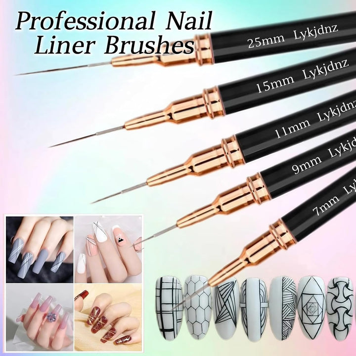 5Pcs Nail Art Liner Brushes, Liner Brush for Nails Gel, Thin Nail Art Brush, Sizes 7/9/11/15/25Mm. 3Pcs Nail Art Clean up Brushes, for Nail Design Painting Diy and Clean Polish Mistake on the Cuticles