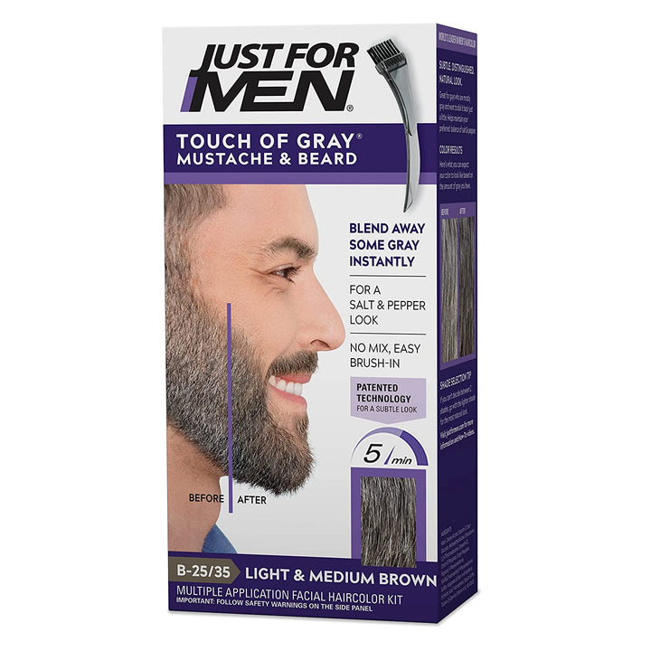 Touch of Gray Mustache & Beard, Beard Coloring for Gray Hair with Brush Included for Easy Application, Great for a Salt and Pepper Look - Dark Brown & Black, B-45/55, Pack of 1