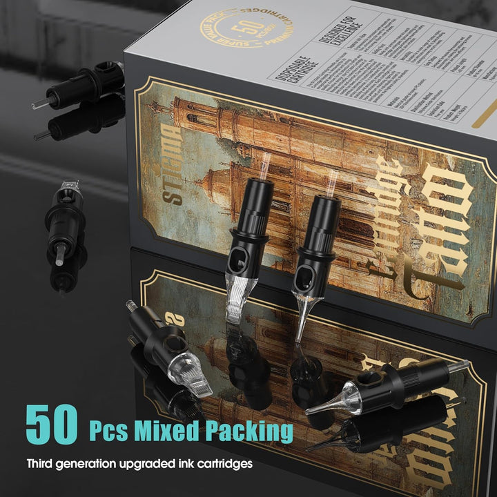 Tattoo Needles Assorted Sizes 50 Pcs Tattoo Cartridge Needles 0.35Mm（3Rl 5RL 7RL 9RL 5RS 7RS 9RS 7RM 9RM 9M1）*5 Disposable Tattoo Cartridges EN05X-50KIT-G