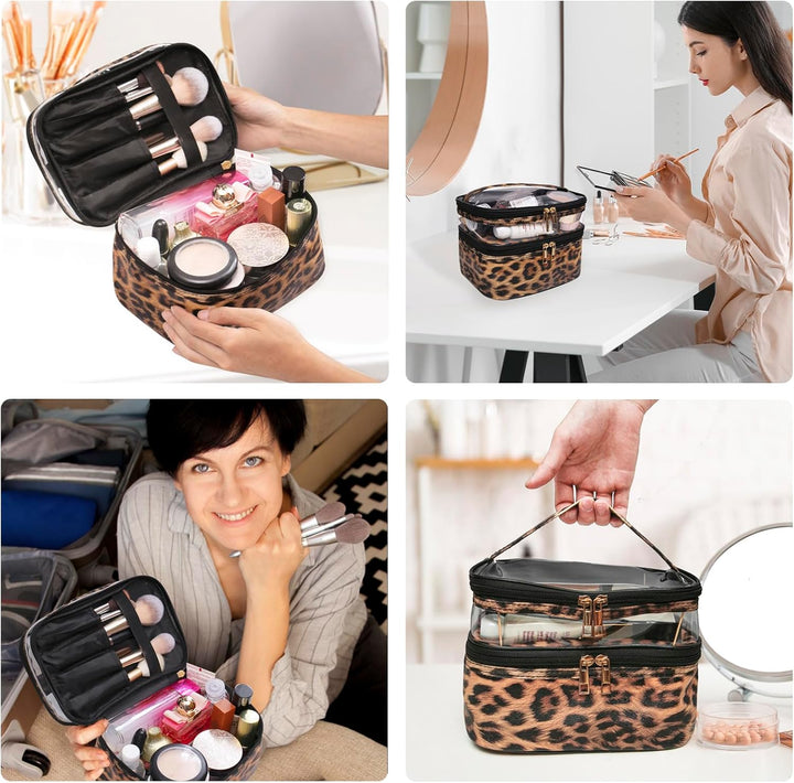 Double-Layer Cosmetic Bag Makeup Bag Travel Makeup Bag Makeup Bags for Women Cosmetics Cases Portable Waterproof Foldable (Leopard)