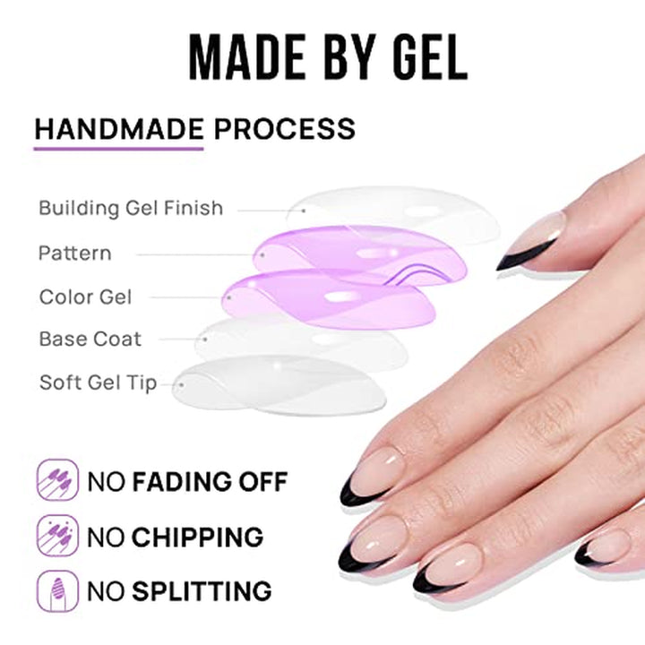 French Tip Press on Nails Almond - Black Press on Nails Short, Glue on Nails for Women Gift, Supremely Fit Natural Reusable Stick on Nails in 16 Sizes - 32 Fake Nails Kit, Black French