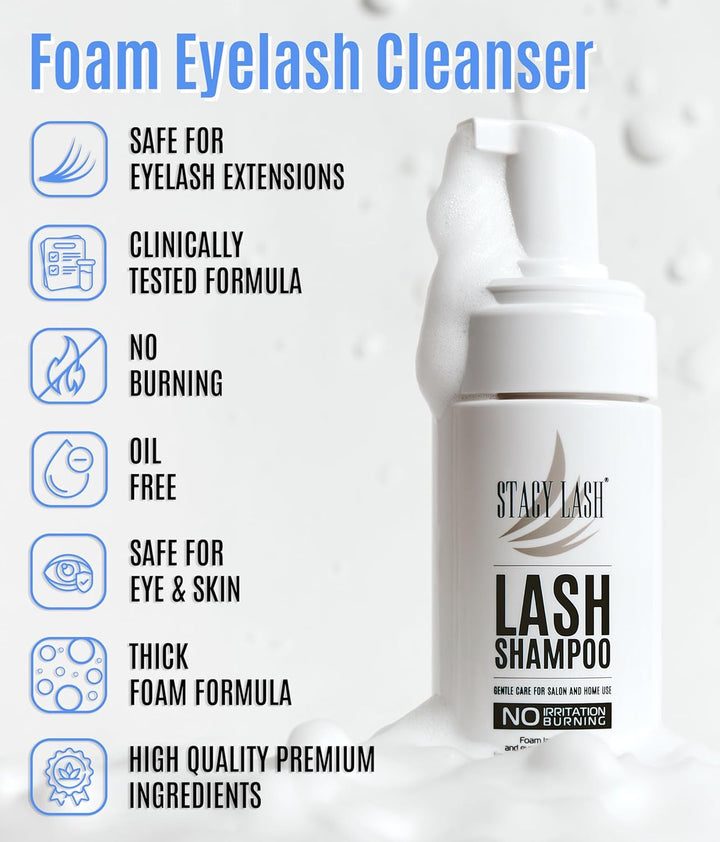 Eyelash Extension Shampoo + Brush / 1.69 Fl.Oz / 50Ml / Eyelid Foaming Cleanser/Wash for Extensions & Natural Lashes/Safe Makeup Remover/Supplies for Professional & Home Use