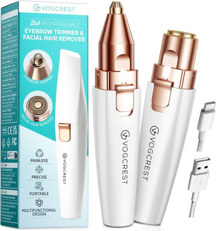 Eyebrow & Facial Trimmer: 2 In1 Rechargeable Facial Hair Removal & Eyebrow Shaver - Body Razor with Built-In LED Light (Rose Gold)