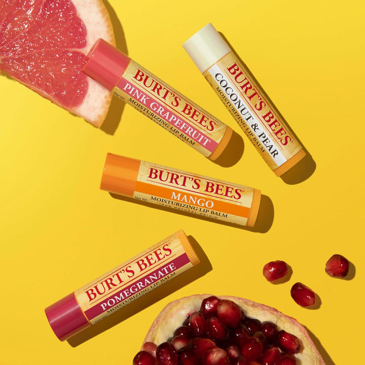 Lip Balm - Pink Grapefruit, Mango, Coconut & Pear, and Pomegranate Pack, Lip Moisturizer with Beeswax, Tint-Free, Natural Origin Conditioning Treatment, 4 Tubes, 0.15 Oz.