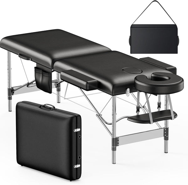 Massage Table Portable, 2-Fold Lash Bed with Side Pocket, Adjustable Height, Sturdy Aluminum Frame, Esthetician Spa Facial Tattoo Bed with Face Cradle & Carrying Bag, Black