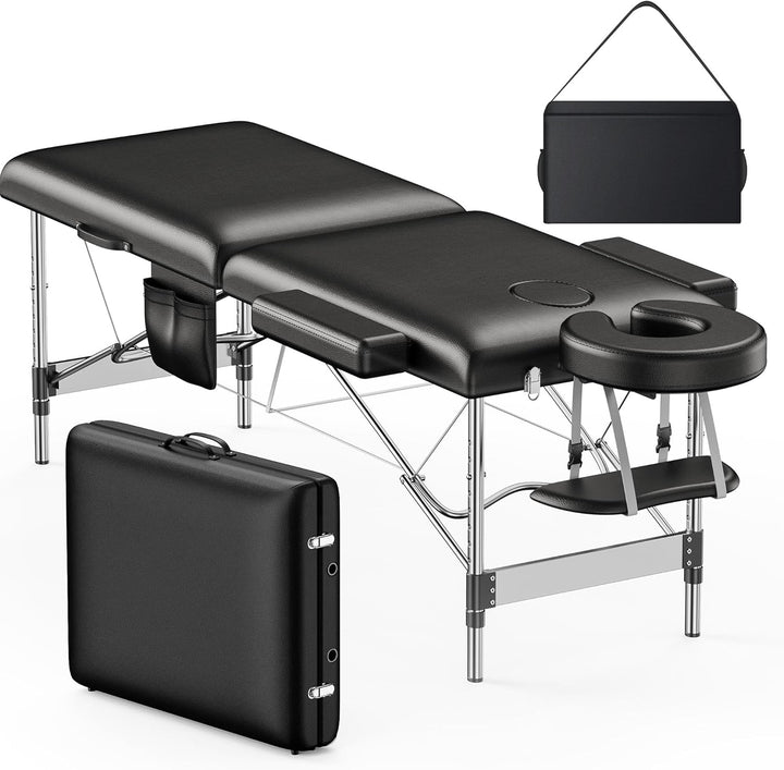 Massage Table Portable, 2-Fold Lash Bed with Side Pocket, Adjustable Height, Sturdy Aluminum Frame, Esthetician Spa Facial Tattoo Bed with Face Cradle & Carrying Bag, Black