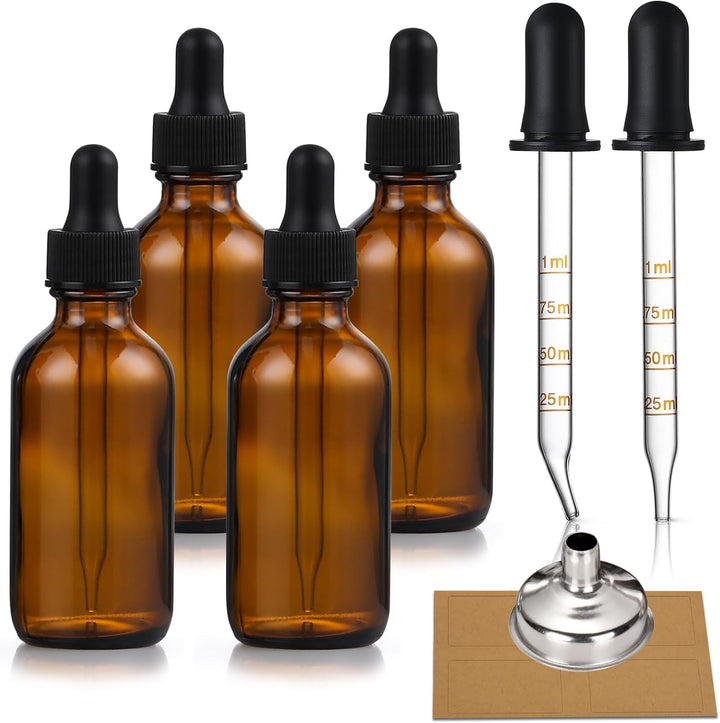 4 Pack, 1 Oz Thick Dark Amber Glass Dropper Bottles with 1 Funnels & 4 Labels - 30Ml Tincture Bottles with Eye Dropper - Leakproof Essential Oils Bottle - Storage and Travel for Beauty or Health