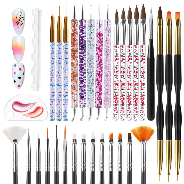 Nail Dotting Tools 32PCS Double-Ended Nail Art Brushes Kit Nail Art Gel Polish Liner Brushes Design Pen for Nail Drawing and Nail Paint Brushes Small Detail Brushes