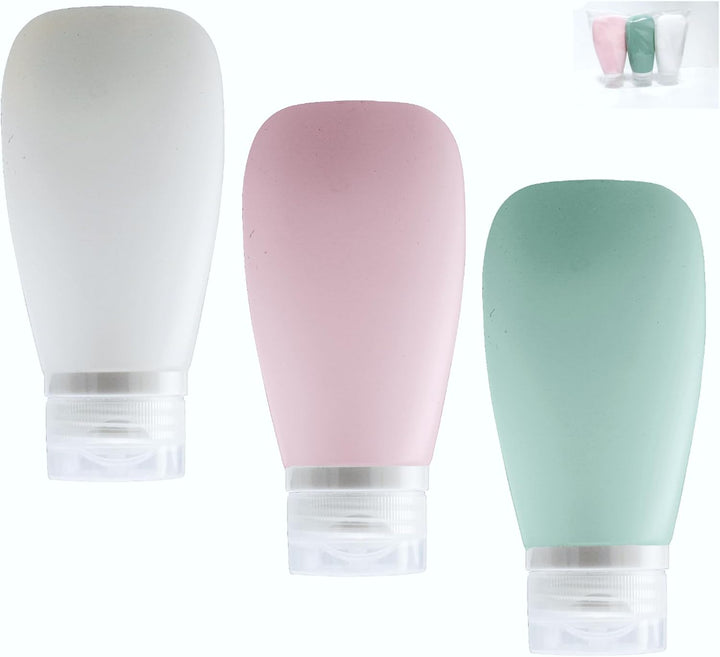 Travel Bottles for Toiletries, TSA Approved 3Oz (90Ml) Leak Proof Silicone Refillable Squeeze Travel Size Containers BPA Free for Cleansers, Lotions, Shampoo 3-Pk (Black-Gray-White)