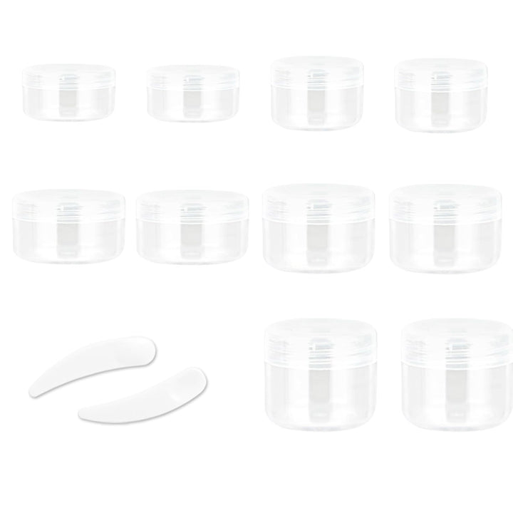 10Pcs Small Travel Containers, Black Sample Jars with Screw Lids, 5 Size 3/5/10/15/20 Gram, 12Pcs Labels and 2Pcs Mini Disposable Spatula, Makeup Sample Containers BPA Free