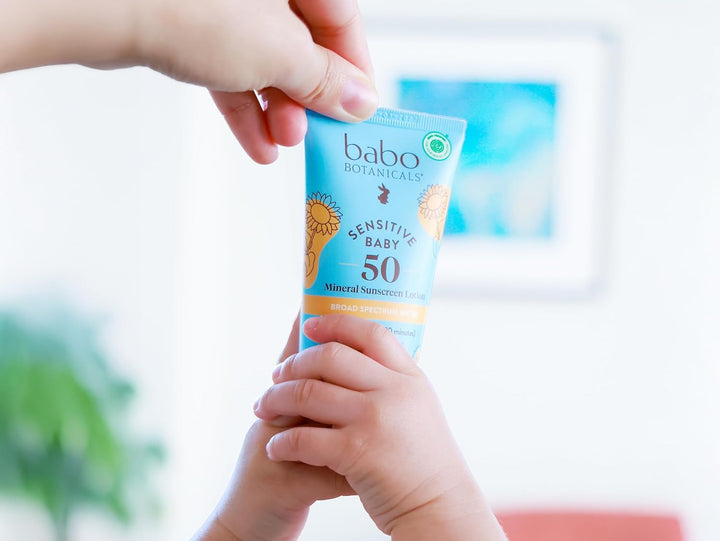 Babo Botanicals Sensitive Baby Mineral Sunscreen Lotion SPF50 - Natural Zinc Oxide - Face & Body - Fragrance-Free - Water-Resistant - EWG Verified - Vegan - Extra Sensitive Skin - for Babies & Kids