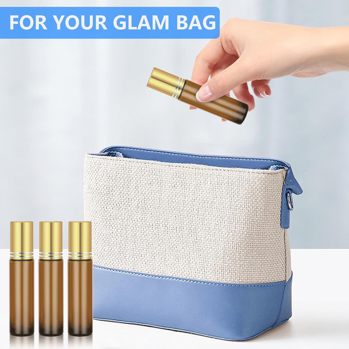 4 Pack of 0.34 Oz (10Ml) Essential Oil Roller Bottles - Refillable, Leak-Proof Amber Glass Roll-On Bottles with Stainless Steel Roller Balls, Metal Caps, and Labels Included