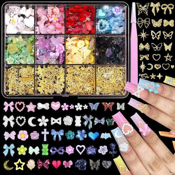 Assorted 3D Nail Charms, Color Flowers Bows Butterfly Heart Acrylic Nail Charms, Gold Cross Heart Star Butterfly Nail Art Studs Rivets Charms for Nails Art Design DIY Supplies Crafts Accessories