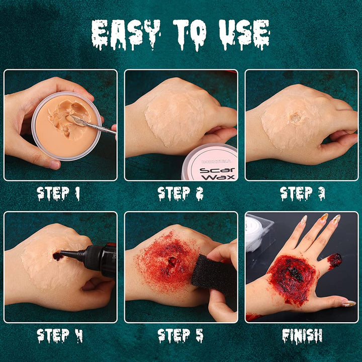 Demonic Special Effects SFX Halloween Makeup Kit - 5 Colors Bruise Makeup Face Body Painting Palette + Scar Wax with Spatula Tool + Fake Blood Splatter Spray + Fake Blood Cream +Stipple Spong