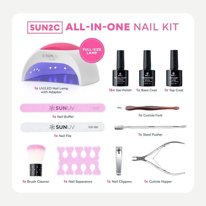 Gel Nail Polish Kit with UV Light for Nails SUN2C 16 Colors Gel Polish Sets, Base and Top Coat with 8 PCS Manicure Tools Gift for Women