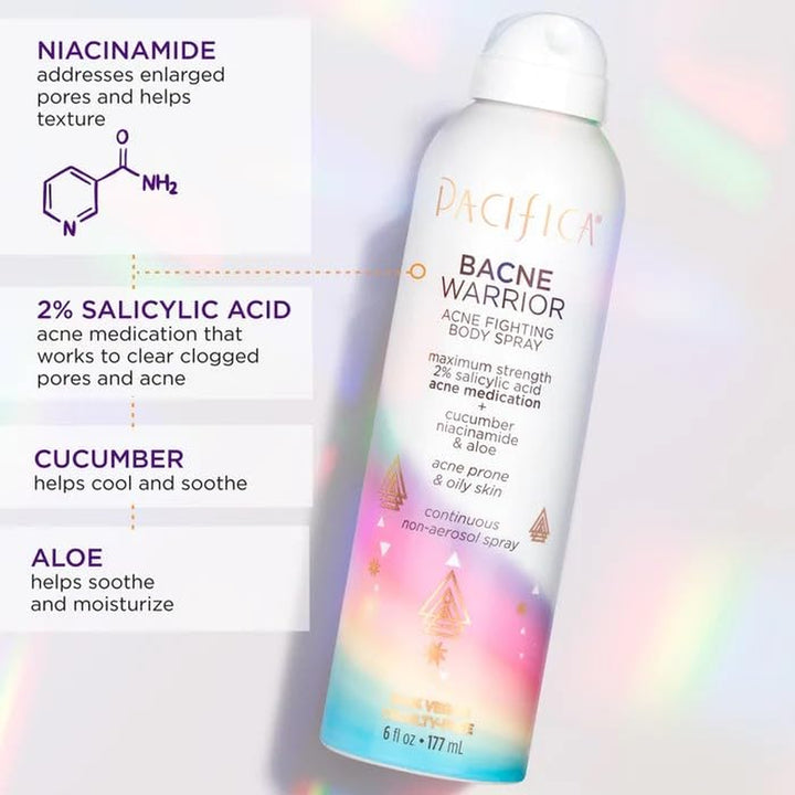 Bacne Warrior - Bacne Salicylic Acid Spray, Back Acne Treatment Spray with 2% Salicylic Acid, Niacinamide, and Aloe, Body Acne Warrior for Body, Chest, and Back, Dermatologist Tested- 6 Fl Oz