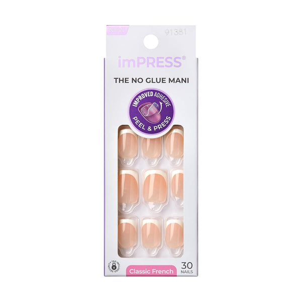 KISS  No Glue Mani Press on Nails, French, 'Model', Light Neutral + White Tip French, Short Size, Squoval Shape, Includes 30 Nails, Prep Pad, Instructions Sheet, 1 Manicure Stick, 1 Mini File