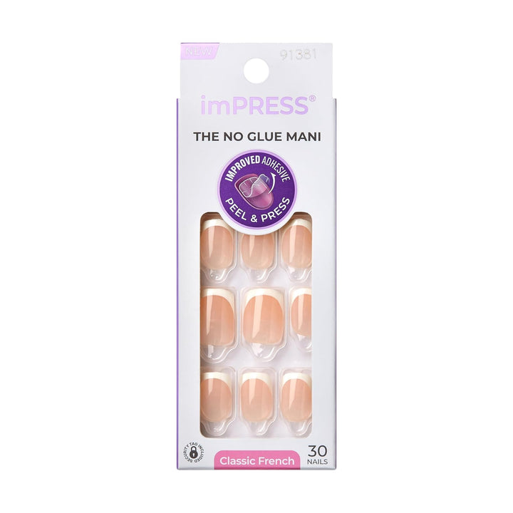 KISS  No Glue Mani Press on Nails, French, 'Model', Light Neutral + White Tip French, Short Size, Squoval Shape, Includes 30 Nails, Prep Pad, Instructions Sheet, 1 Manicure Stick, 1 Mini File