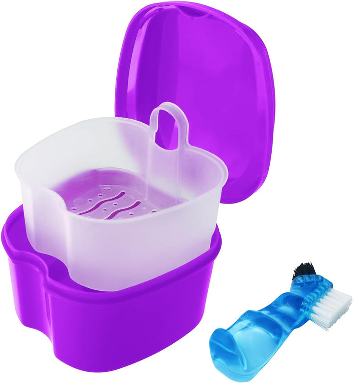 Black Denture Soaking Container Partial Denture Case, Orthodontic Retainer Cleaning Case Denture Cleaner Container Dentures Teeth Cup with Strainer and Lid Waterproof