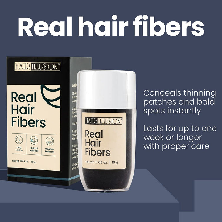 Black Real Hair Fibers for Thinning Hair - 100% Natural Texture, Non Synthetic Hair Fibers - Bald Spot Cover up for Women & Men - 18 Gram