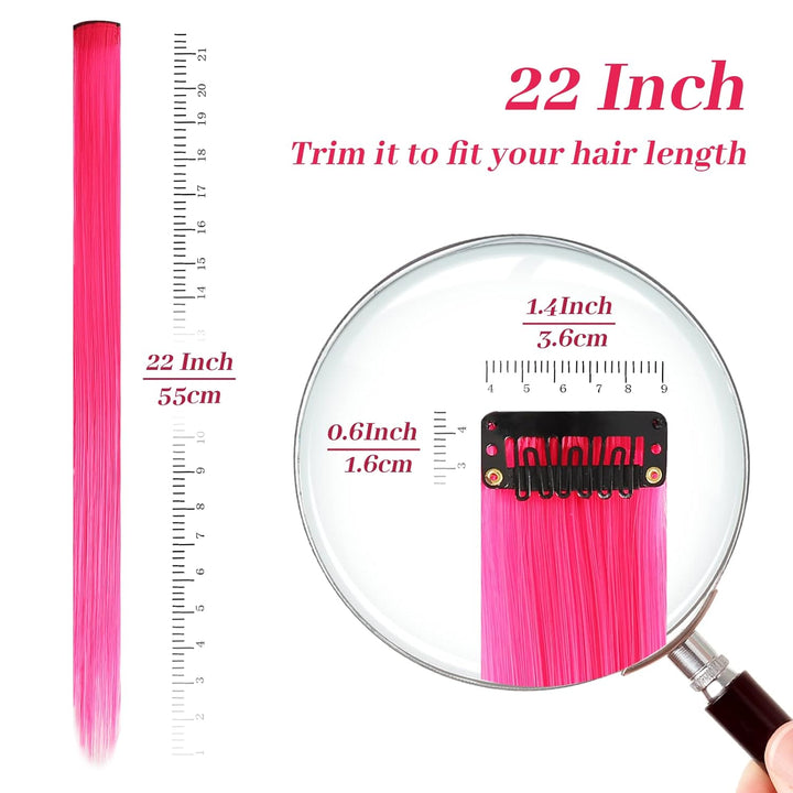 12 Pcs Clip in Hair Extensions, 22 Inch Colored Hair Extensions Party Highlights Long Straight Synthetic Hairpieces for Women Kids Girls (Hot Pink)