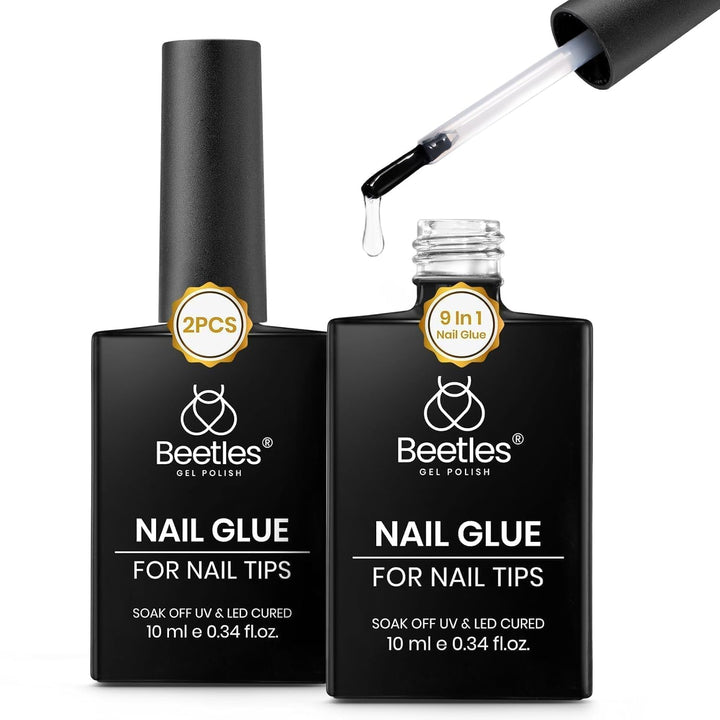 Beetles 9 in 1 Gel Nail Glue for Acrylic Nails Tips, 2 Pcs 10Ml Super Strong Nail Glue for Clear False Nails Tips Base Coat Rhinestones Blooming Art Christmas Nails Long Lasting U V Light Cure