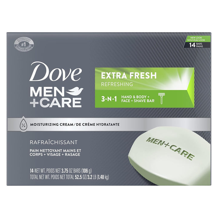 Dove Men+Care Bar 3 in 1 Cleanser for Body, Face, and Shaving Extra Fresh 14 Bars to Clean and Hydrate Skin Body and Facial Cleanser Mandarin Citrus, Patchouli, and Rosemary Scent 3.75 Oz