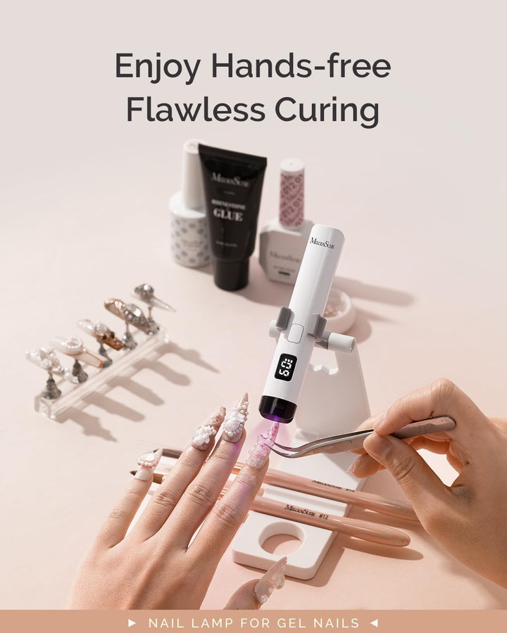 Handheld UV Light for Gel Nails with Stand, Mini Portable Cordless Nail Lamp with LCD Display, Eye-Protective Cover, Flash Curing for Glue, White