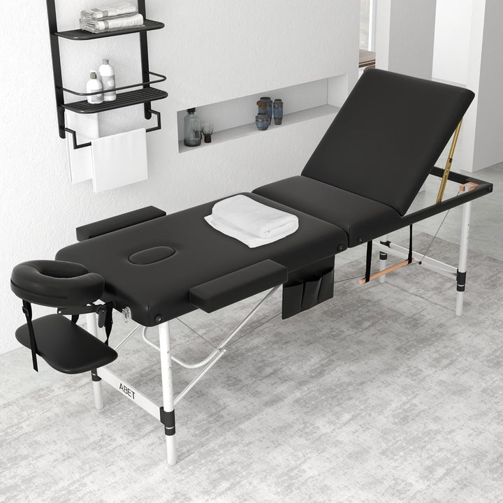 Massage Table, 3 Fold Portable Professional Lash Tattoo Spa Bed, Height Adjustable 23.5" Wide Compact Facial Table with Detachable Oil Pocket Towel Rod Face Cradle Armrest, Aluminum Feet & Black