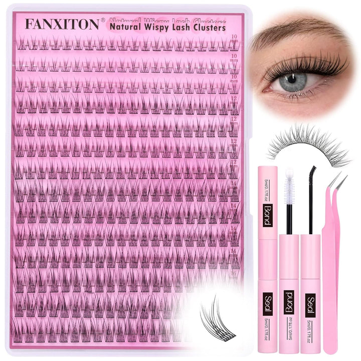 DIY Lash Extension Kit Volume Lash Clusters 40D+50D D Curvature Individual Lashes Lash Clusters Kit Thick Eyelash Extension Kit 280 Pcs Thin Band Cluster Lashes Lash Bond and Seal Tweezers