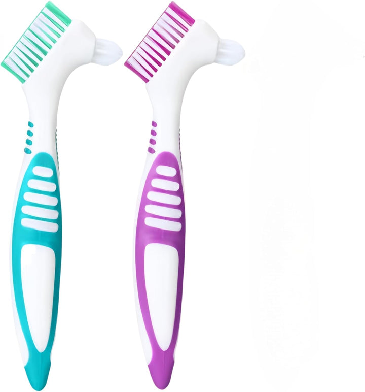 Denture Cleaning Brushes 2-Pack with Dual-Angle Heads - Soft Nylon Bristles & Ergonomic Grip, Travel Denture Brush Kit for Seniors (Green/Purple) | Denture Care Essentials