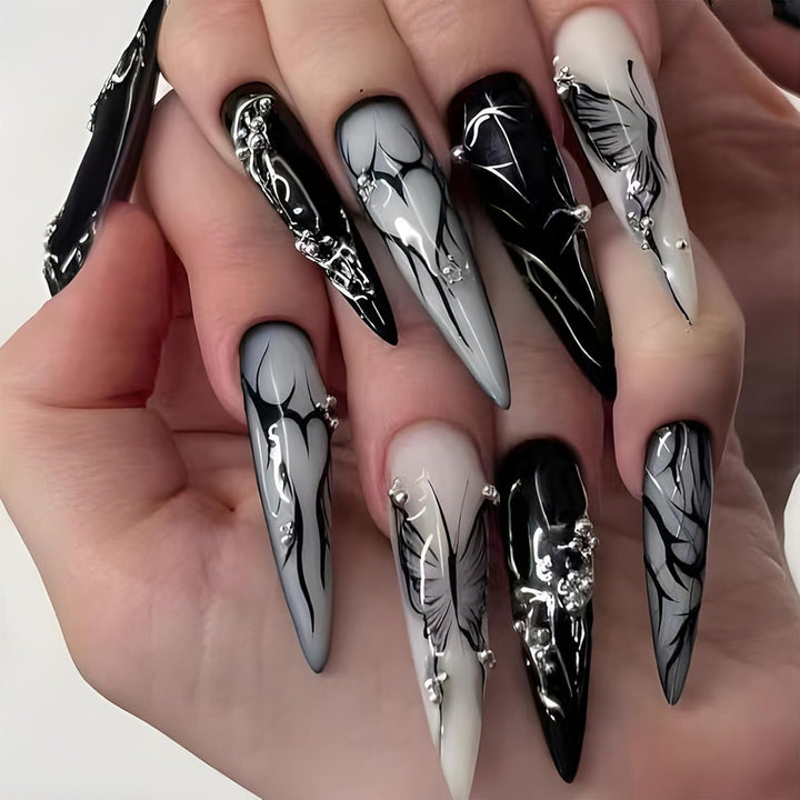 Stiletto Press on Nails Extra Long Fake Nails with Glue Glossy False Nails with Black Gradient Designs Full Cover Almond Acrylic Nail 24Pcs