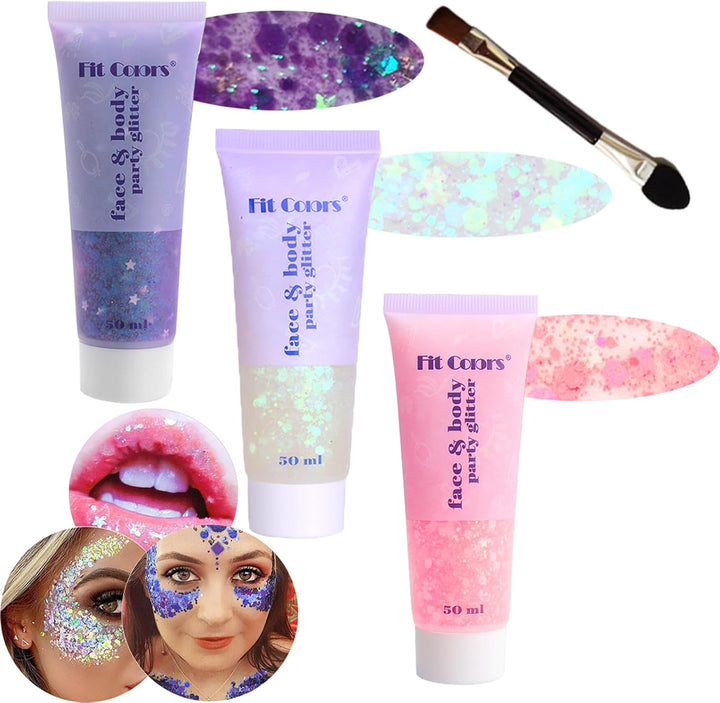 Body Glitter Face Glitter Gel: Singer Concerts Disco Festival Rave Accessories Face Glitter Makeup 150Ml Chunky Sequins Mermaid Face Body Hair Glitter Gel (White&Silver&Pink)