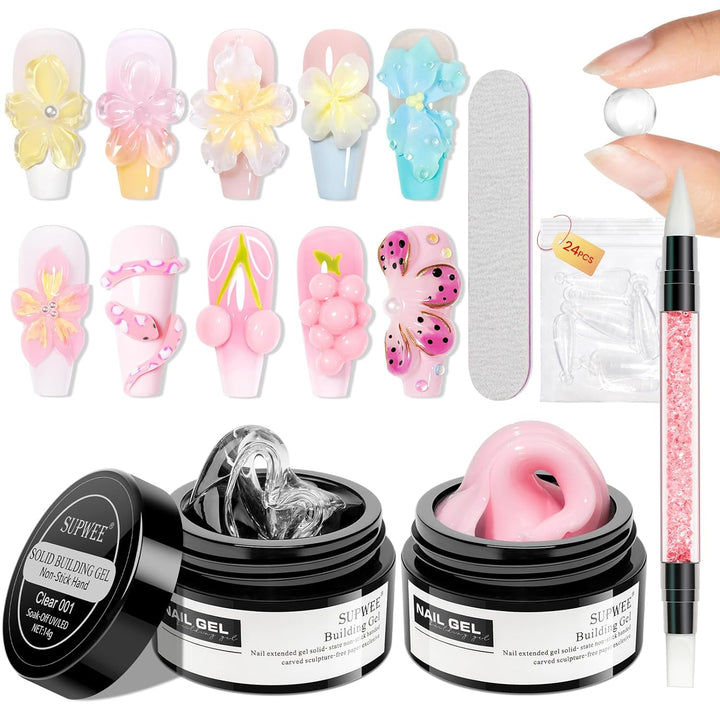 Solid Sculpture Builder Gel, 3D Nail Gel White Non-Stick Hand Nail Extension Gel for Carving Patterns Decoration Nail Art Emboss Hard Gel for Nails Mnicure DIY at Home 14G(0.49 Oz)